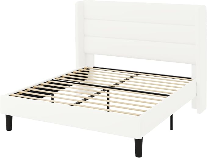 Allewie Queen Size Platform Bed Frame with Velvet Upholstered Wingback Headboard, No Box Spring Needed, Under Bed Storage Space, Strong Wooden Slats, Modern Mattress Foundation, Easy Assembly, White