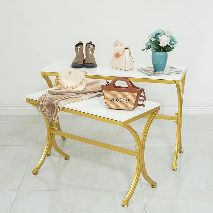Metal Shoe Handbag Display Stand, Display Riser Shelf for Retail Store, Modern Nesting Tables 2 Piece Set, Iron and Wood, Gold