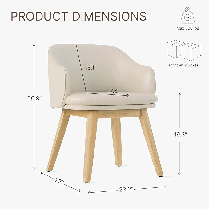 Wooden Dining Chairs Set of 4, Faux Leather Upholstered Modern Dining Room Chairs with Barrel Backrest & Double-Layer Thick Cushion for Living Room, Restaurant, Kitchen and Café, Beige, 2 Boxs
