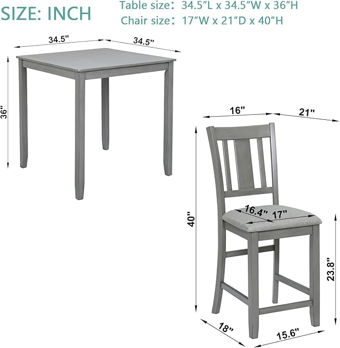 KEIKI 5-Piece Counter Height Dining Table Set with Square Table and 4 Upholstered Slatted Backrset Chair, for 4 Person, Modern Style Wooden Table Set, Easy Assembly, for Kitchen, Dining Room, Gray
