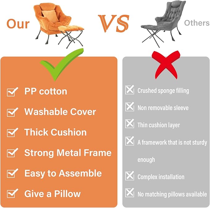 Large Lazy Chair with Ottoman, Accent Reading Chair with a Throw Pillow, Cozy Lounge Chair with Armrest, Leisure Sofa Chair for Living Room, Bedroom, Dorm Room, Velvet Tangerine