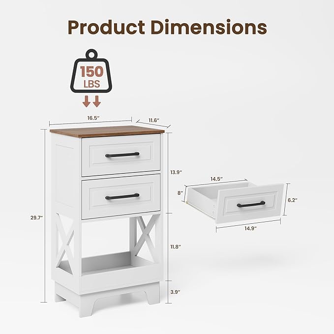 Tall Nightstand Set of 2 Side Table with 2 Drawers Modern Night Stand Wooden Rustic End Table Bedside Table with Below Open Shelf Solid Feet for Bedroom, Living Room, White+Walnut