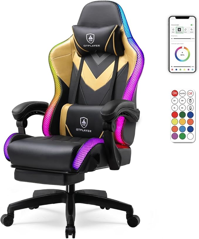 GTPLAYER Gaming Chair, RGB Gaming Chairs with LED Lights, Video Gaming Chair for Adults, Ergonomic Computer Gaming Chair with Linkage Armrest, Reclining Chair with Headrest (Without Massage, Yellow)