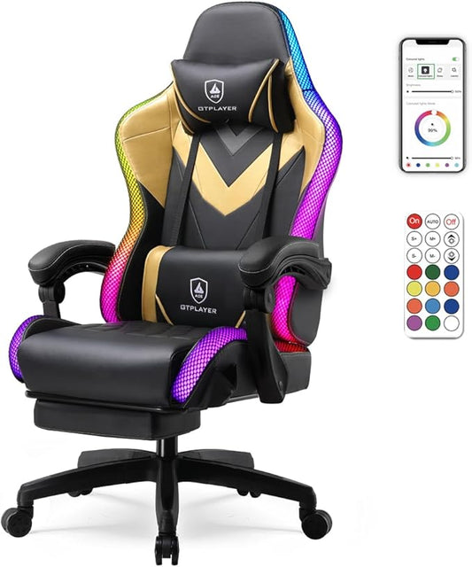 GTPLAYER Gaming Chair, RGB Gaming Chairs with LED Lights, Video Gaming Chair for Adults, Ergonomic Computer Gaming Chair with Linkage Armrest, Reclining Chair with Headrest (Without Massage, Yellow)