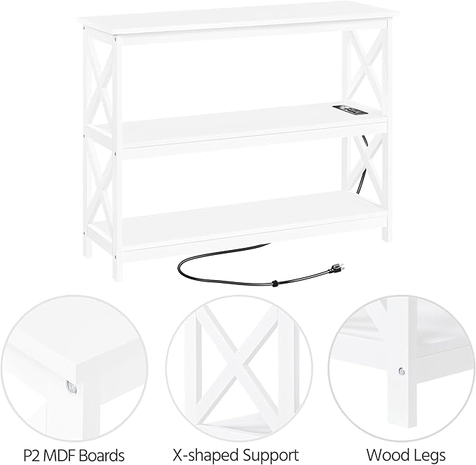Yaheetech Entryway Table with Storage Shelves, Console Table with Power Outlets and USB Ports, Wood Narrow Sofa Tables with X-Shaped Design for Living Room/Hallway/Couch, White