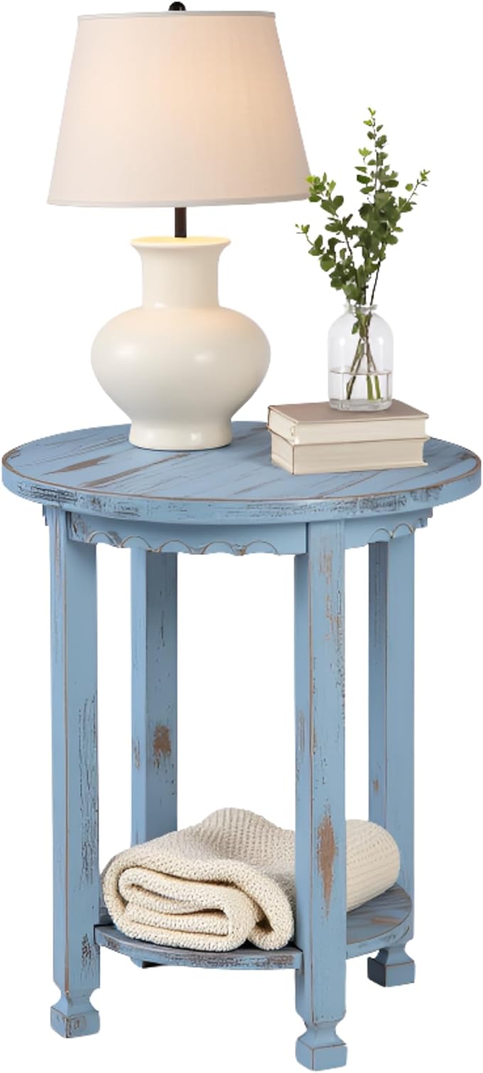 Rustic Cottage Round End Table w/ 1 Shelf - 25 in. W x 20 in. D x 24 in. H - Distressed Blue - Assembly Required - Select Hardwoods with Wood - Living Room Furniture - Solid Wood