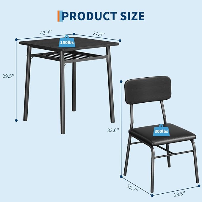 IDEALHOUSE 3-Piece Dining Table Set for 2 with Storage Rack, Wood Kitchen Table with Upholstered Chairs Set of 2, Small Square Table Set with Metal Legs Support, for Dining Room, Living Room