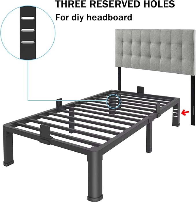 FUIOBYVV 18 Inch Twin Bed Frame with Rounded Corner and Headboard Hole Mattress Retainers 3500 LBS Metal Heavy Duty Steel Slats Support No Box Spring Needed Platform Noise Free Easy Assembly