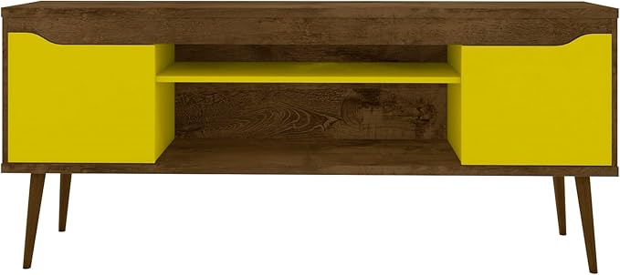 Manhattan Comfort Bradley Mid Century Modern TV Stand for Televisions up to 60 Inches, Living Room Entertainment Center with Storage, Media Shelves and Soft Close Doors, Rustic Brown/Yellow