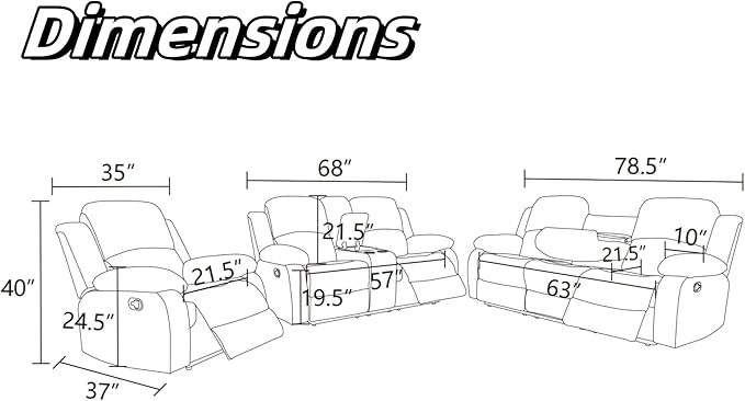 Recliner Sofa Couch, 3-Seater Home Theater Seating Reclining Sofa, Power Reclining Couch with Cup Holders & Drop Down Table for Living Room Furniture Sets, Grey White