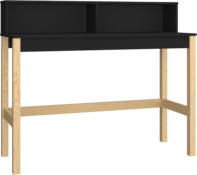 Manhattan Comfort Bowery 47 Inch Mid Century Modern Home Office Desk, Study Table or Entryway Furniture with 2 Cubbies and Rustic Wood Base, 24 inch, Black/Oak