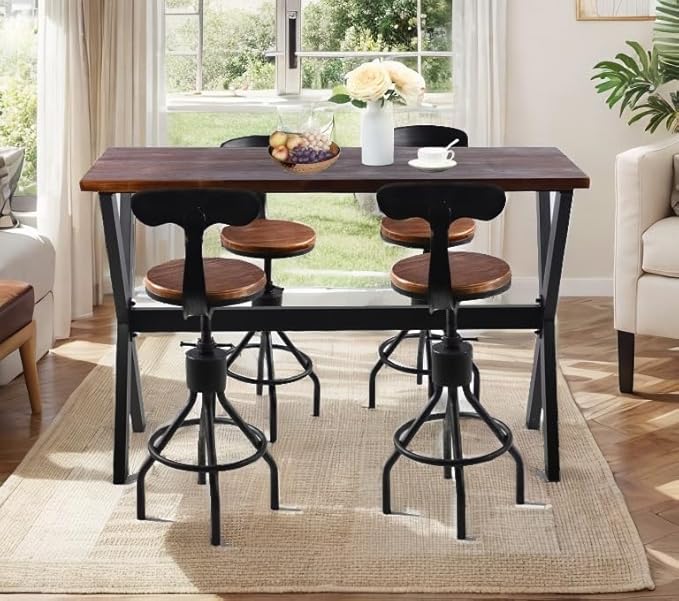 Bar Table, 63"L×41.33"H Bar Height Pub Table High Top Rectangular Sofa Console Table Kitchen Dining Coffee Table, for Narrow Space, Living Room, Indoor, Rustic Brown Wood, Industrial Black Metal