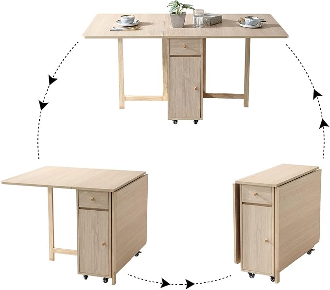 Wood Drop Leaf Folding Dining Table with 2 Drawers and 4 Wheels, Wooden Padded Chairs Set of 4, Space Saving Dining Table with 4 Chairs