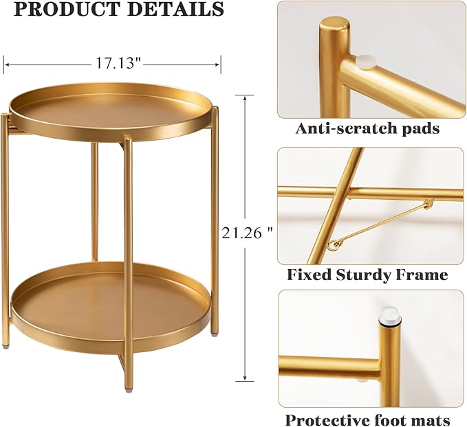 TeoKJ 2 Tier Gold Side Table, Folding Round Metal End Table Small Nightstand with Two Removable Tray for Bedroom Living Room Small Spaces Bedside Gold