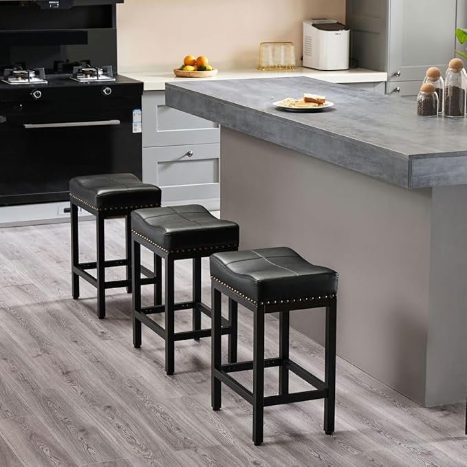 Counter Stools Set of 2 Upholstered Counter Height Bar Stools with Padded Seats and Metal Base, Leather Saddle Stool for Modern Kitchen Island, 22.4-Inch, Black
