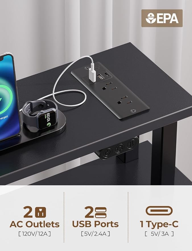 Seventable Computer Desk with Power Outlets & LED Light, 39 inch Home Office Desk with 5 Drawers, Writing Desk with Monitor Stand,Work Desk for Home Office, Black