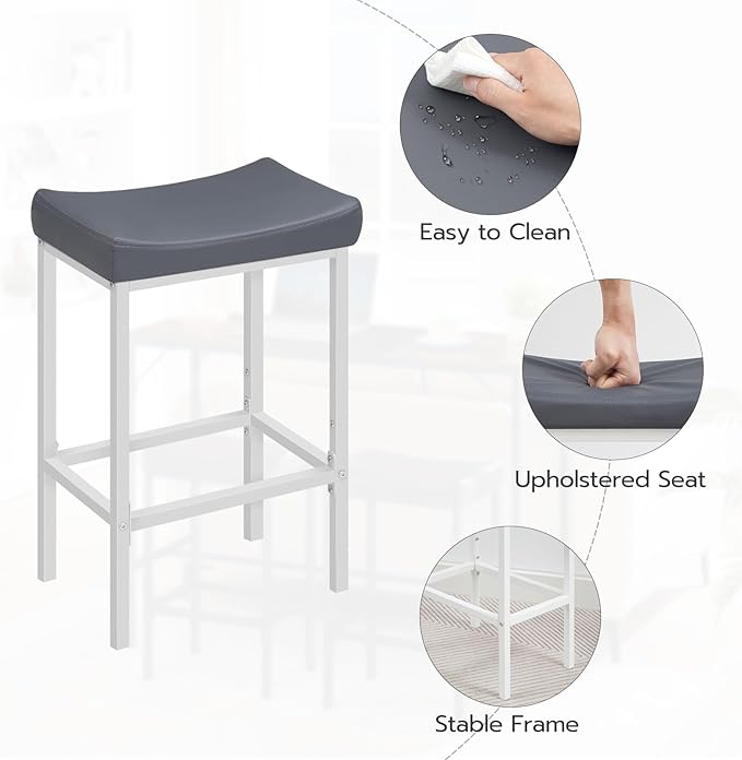 HOOBRO Bar Stools, Set of 2 Counter Height Saddle Chairs, 24.8 Inches, 2.4" Thick Upholstery, White and Gray WG10BY01