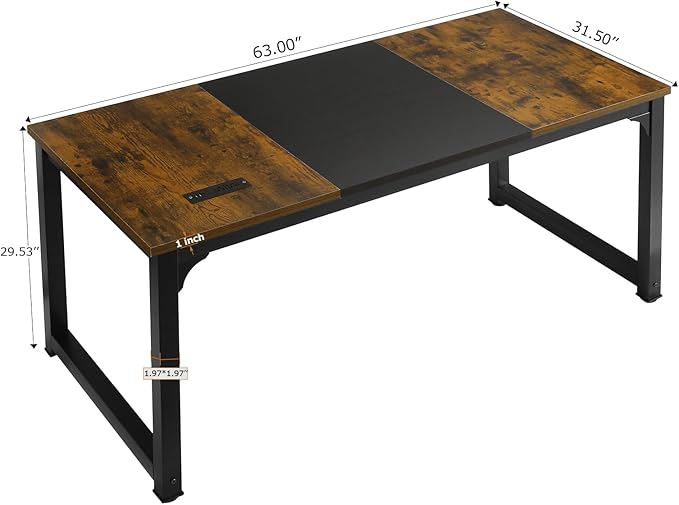 Large Computer Desk - 63 Inch Home Office Desks Study Student Writing Table Gaming Desk Wood Modern Simple Table with USB Ports, Vintage + Black