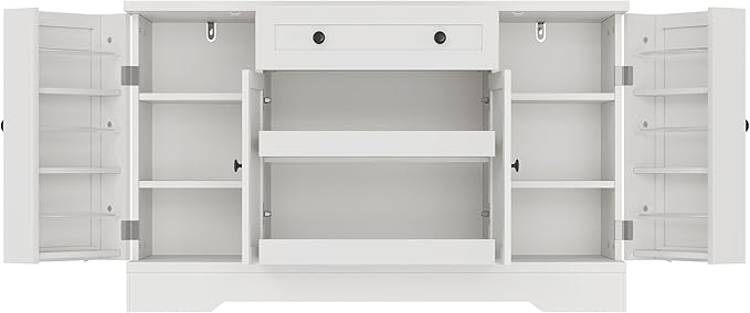 55" Buffet Cabinet with Storage, Kitchen Buffet Sideboard with Pull-Out Shelves and Drawer, Wood Farmhouse Coffee Bar Cabinet with 4 Adjustable Shelves, Kitchen Pantry for Living Room, White