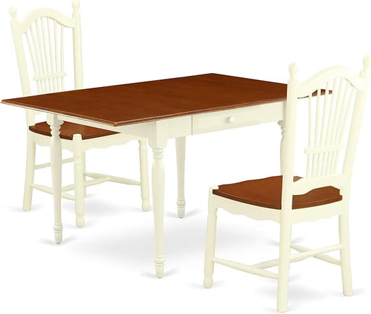 East West Furniture MZDO3-WHI-W 3 Piece Dining Set Contains a Rectangle Dining Room Table with Dropleaf and 2 Wood Seat Chairs, 36x54 Inch, Buttermilk & Cherry