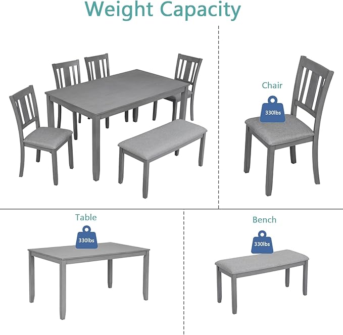 soges 6 Piece Kitchen Dining Table Set, Wooden Dining Table with 4 Upholstered Chairs and a Bench for 6 People, Living Room, Home and Kitchen, Table Chairs Set, Grey