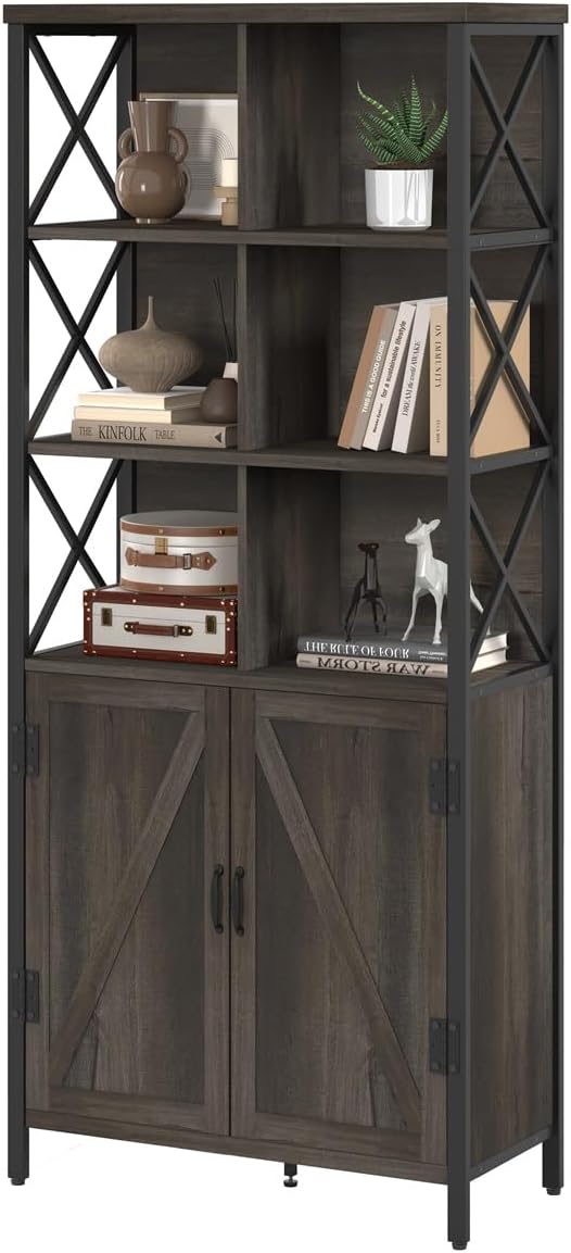 FATORRI Industrial Tall Bookshelf, Rustic Bookcase with Doors, 6 Cube Storage Organizer with Shelf for Living Room, Wood and Metal Book Shelf for Home Office (Walnut Brown)