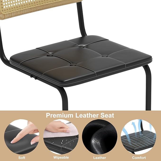 400lbs - Heavy Duty Rattan Dining Chair, Armrest Leather Cushions and Metal Frames, High-end and Durable with Rattan Weaving, Suitable for Home and Restaurant, Black
