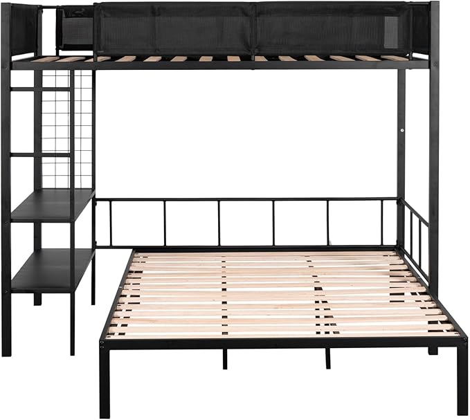 Twin Over Twin Size Bunk Bed with Multiple Storage Shelves & Wardrobe Design,Castle-Shaped Metal Bedframe W/Safety Guardrails & Ladder,for Kids Teens Boys Girls Bedroom