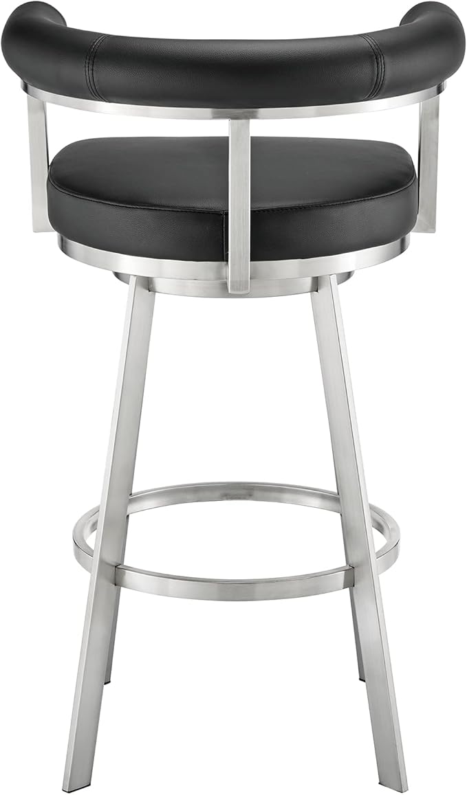 Armen Living Magnolia Swivel Bar Stool in Brushed Stainless Steel with Black Faux Leather