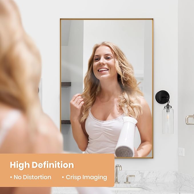 Melodieux Wall Vanity Bathroom Mirror for Over Sink, 24"x36" Rounded Rectangle Metal Deep Frame Wall Mounted Mirror Wall Decor for Living Room Hallway, Gold
