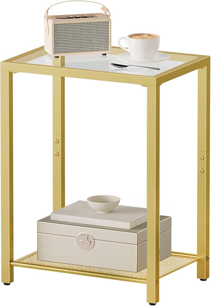 HOOBRO Set of 2 Side Tables, 2-Tier End Table, Nightstands for Tight Spaces, Tempered Glass Bedside Tables, Modern Metal Frame, for Office, Bedroom, Living Room, Study, Gold GD76BZP201