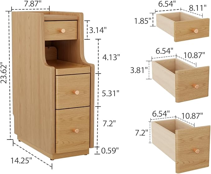 Narrow Nightstand with 3 Drawers,Solid Wood Small Nightstand Natural, Modern Small Bedside Tables for Bedroom(Fully Assembly)