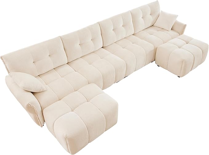 Modern Chenille Fabric 4-Seat Sofa w/Two Ottoman+2 Pillows, Premium Upholstery Living Room Couch with Tufted Backrest & Comfortable Armrests and High-Resilience Memory Foam Cushions,White