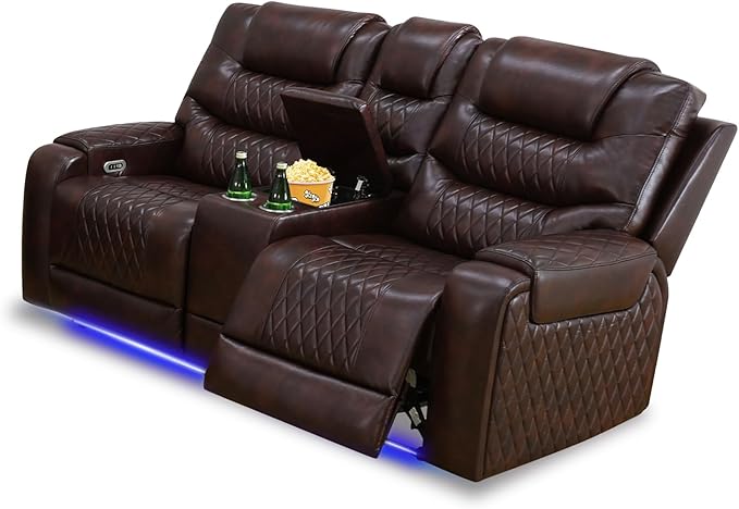 PU Leather Power Wall Hugger Chair Double Reclining Sectional Sofa 2-Seater Loveseat Couch with Center Storage Console, USB Ports, Cup Holders and Ambient LED Light for Living Room RV Theater Seating