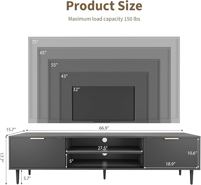 GarveeHome Black TV Stand, TV Stands for Living Room 75 inch, Entertainment Center with 2 Large Storage Cabinets, Media Console Table, Metal Handle Door, TV Stand for Bedroom, Office Furniture