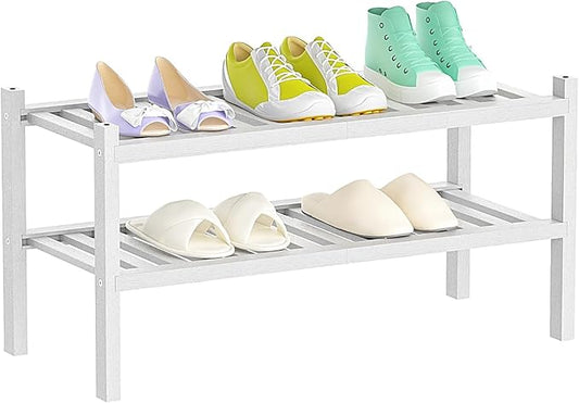 Shoe Rack 2-Tier Organizer-Stackable Storage Shelf with Multi-Function Combinations-Free Standing Bamboo Shoe Racks for Closet,Entryway,Hallway,Bathroom,Living Room Shoe Organization (White, 2-Tier)