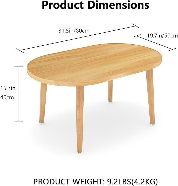 Oval Coffee Table Low Table with 4 Solid Wood Sturdy Legs, Floor Table Desk for Sitting on The Floor, Storage and Living Room Furniture (Natural)