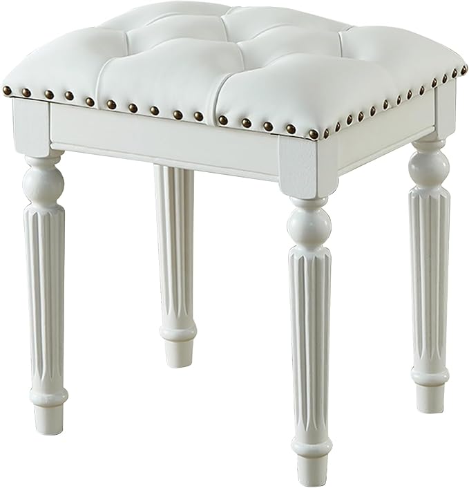 Vanity Bench Stool with Microfiber Leather Cushion, Vanity Chair Ottoman Dressing Stool with Solid Wood Legs for Bedroom, Makeup Room, Dressing Room (White)