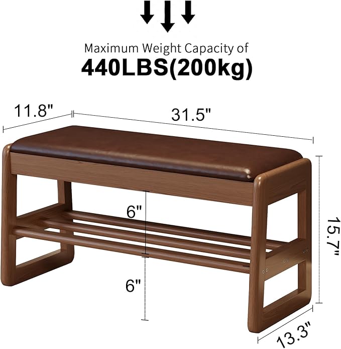 Shoe Rack Bench with Cushion, 2 Tiers Shoe Bench with Flip-Top Storage,Wood Shoe Rack for Entryway,Hallway（Walnut,31.5"）