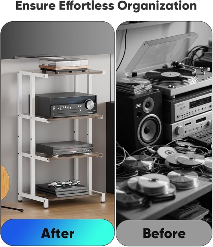 4-Tier Wooden Media Stand, AV Media Stand Corner Shelf for TV Accessories/Audiovisual Equipment/Optical Disc/PS4, Audio Storage Rack for Living Room, Gaming Room, Music Studio, White