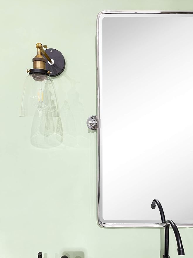 TEHOME 27 x 35'' Farmhouse Chrome Metal Framed Pivot Rectangle Bathroom Mirror Tilting Beveled Vanity Mirrors for Wall