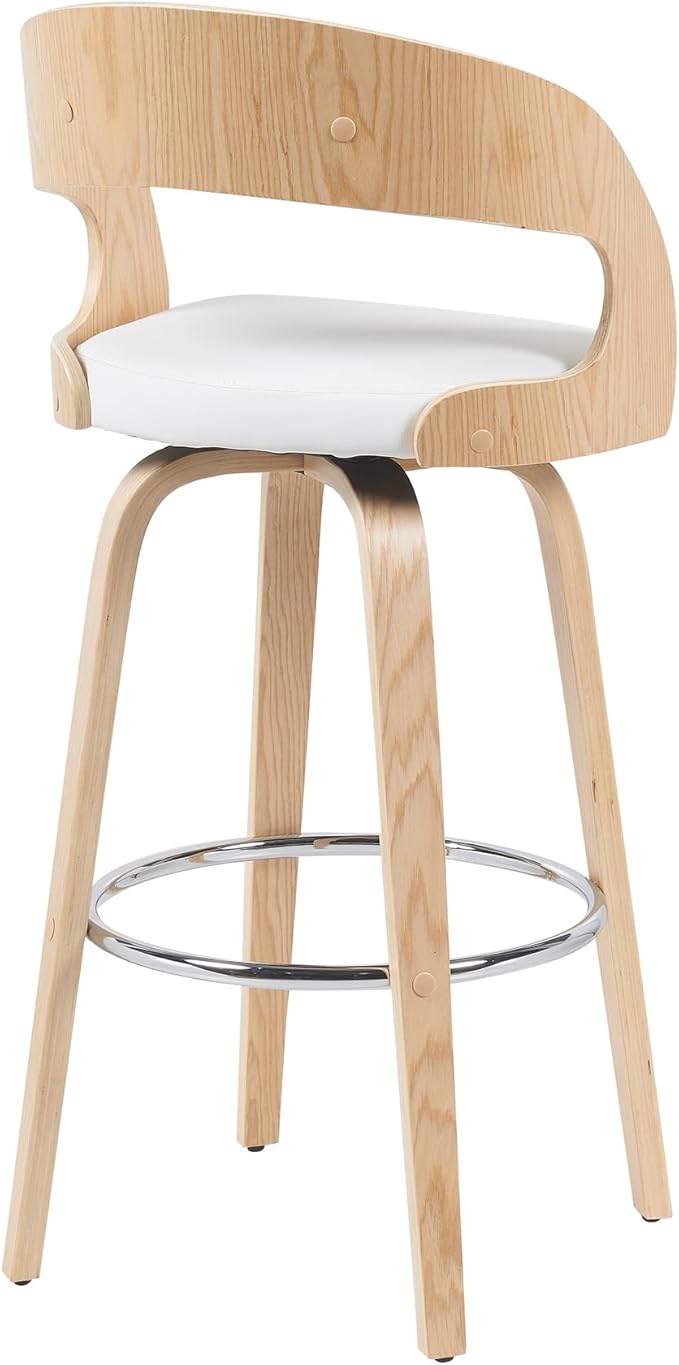 Shelly Modern Bar Height Swivel Stool in Patterned Oak Finish with White Faux Leather Upholstered Seat Set of 3
