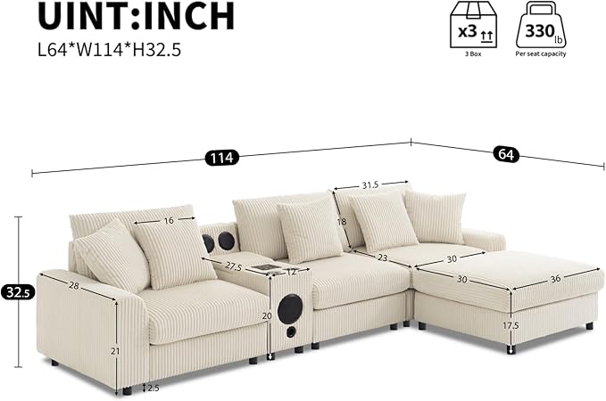Merax 114 * 64" Corduroy Sectional Couches with Bluetooth Speakers, Storage, Ottoman & Pillows, Upholstered Modular Sofa Chaise with Console, USB Charger, Cup Holders for Living Room Apartment, Cream