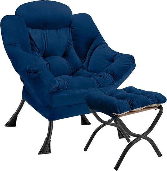 Lazy Chair with Folding Ottoman Modern Large Accent Chair,Contemporary Lounge Leisure Sofa Chair with Armrests Upholstered Sofa Armchair Reading Chair for Bedroom,Dorm & Office(Navy-f)