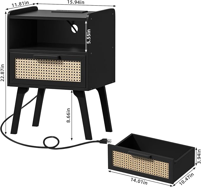 Lerliuo Rattan Nightstands Set of 2 with Charging Station, Black Bedside Table with Drawer Open Shelf, Cane Accent Side End Table with Solid Wood Legs, Night Stand for Bedroom, Dorm and Small Spaces