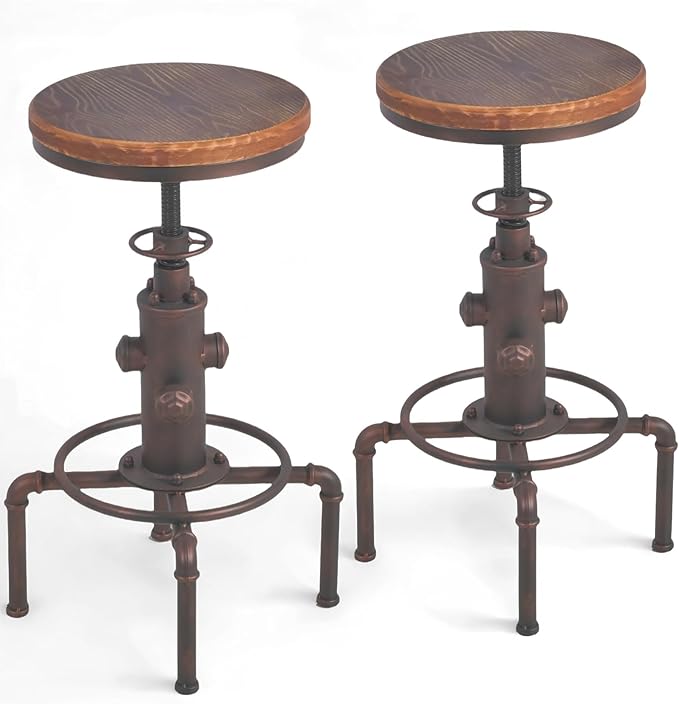 Topower Antique Vintage Industrial Barstool Solid Wood Water Pipe Fire Hydrant Design Cafe Coffee Industrial Bar Stool Set of 2 Red Bronze