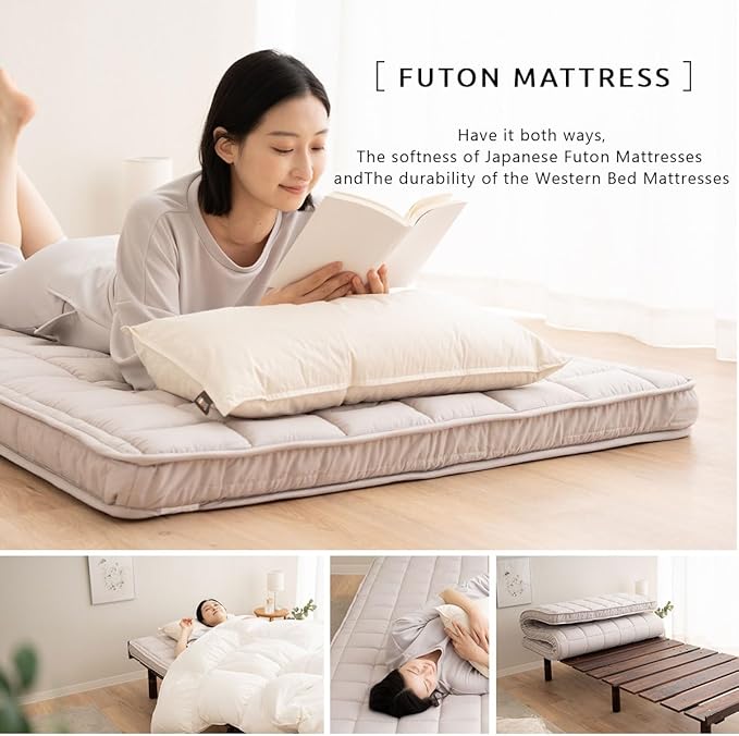 EMOOR Japanese Padded Futon Mattress Machi Twin Gray, Gusset Foldable Storable Elastic Bands Floor Sleeping Guest Bed Tatami Mat