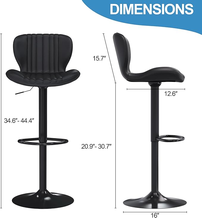 Shintenchi Bar Stools Set of 4 Modern Swivel Bar Chairs, Counter Height Faux Leather Metal Barstools, Upholstered Island Chairs with Back and Footrest, Black