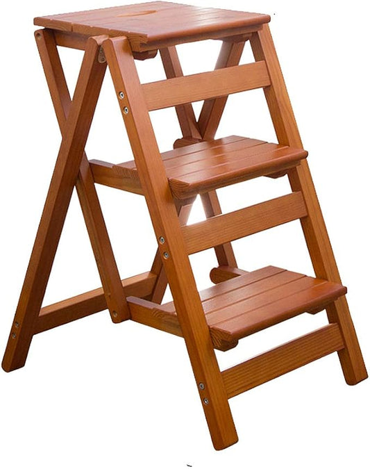 KINGBO Step Stool for Adults/Step Ladder/Counter Chair, 3-Step Folding Portable Wooden Step Stool, Anti-Slip & Lightweight (Nut - Brown)