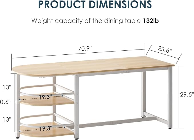 soges Dining Table for 4-6 Person, 71 inch Long Kitchen Dining Table for Living Room and Dining Room, Dinner Table with Storage Shelf & Cup Holder, Metal Legs(Only Table), Millennium Oak